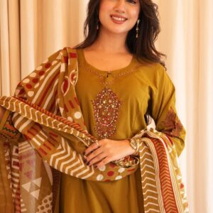 Women’s Embroidered Mustard Kurti Set with Printed Dupatta